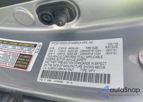 2019 Honda Cr-V Ex-L z USA, uszkodzony, nr VIN 5J6RW1H88KA016427